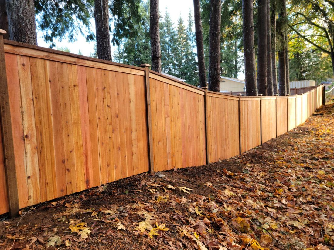 Cedar privacy fence stepping down a slope among trees
